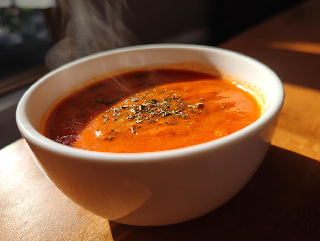 Close-up of a steaming white bowl filled with rich, orange-red tomato bisque, garnished with dried herbs.