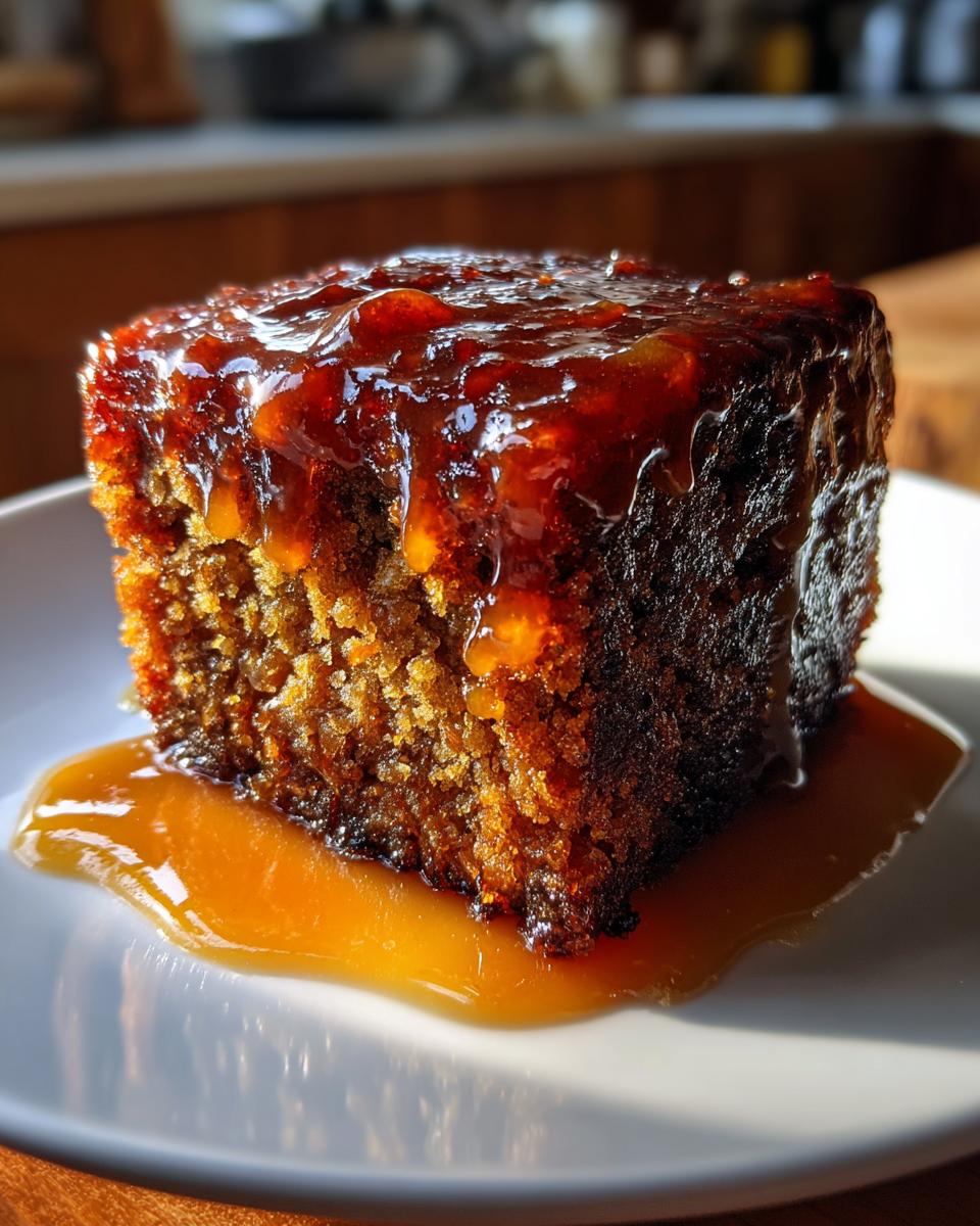 Close-up of a rich, moist square of sticky toffee pudding recipe covered in thick, dripping toffee sauce.