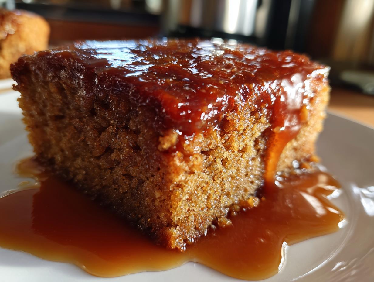 Close-up of a square slice of rich, moist sticky toffee pudding recipe covered in glossy toffee sauce.