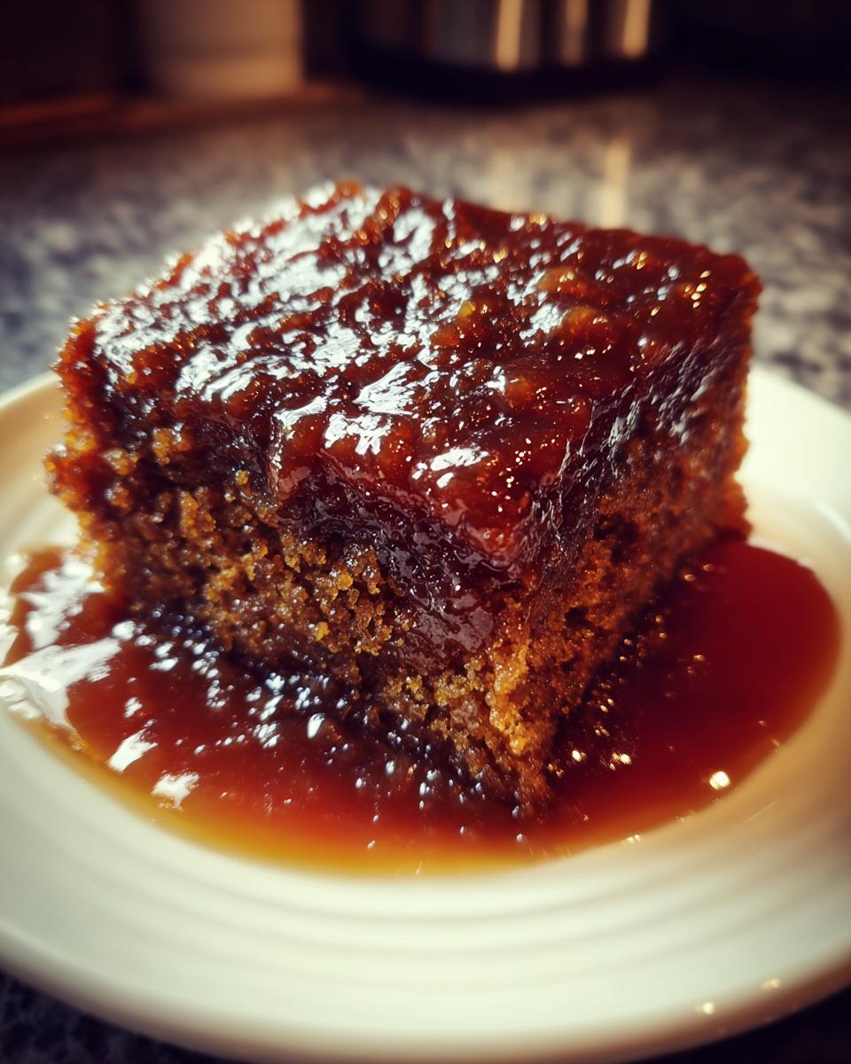 Close-up of a square slice of rich, moist sticky toffee pudding recipe covered in glossy toffee sauce.