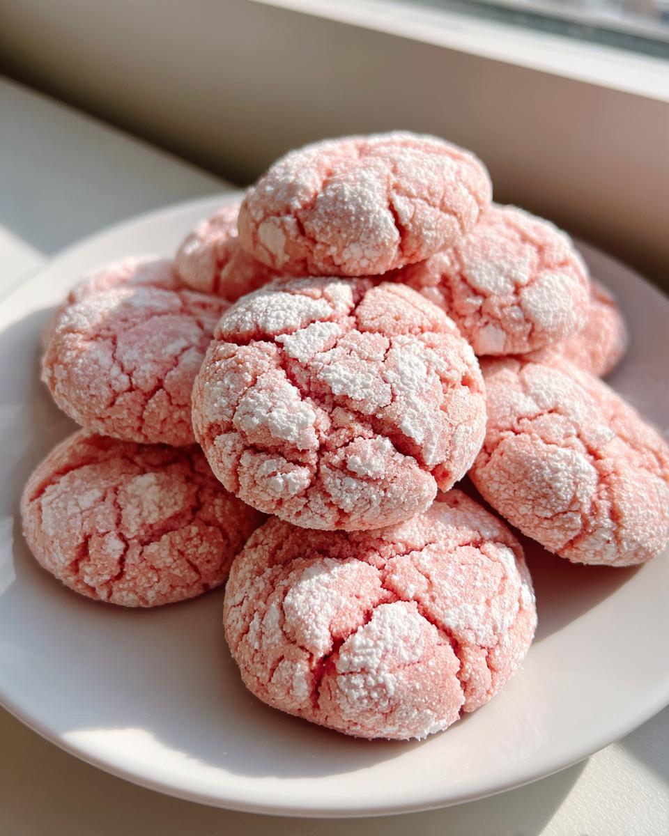 A pile of pink, crinkle-topped strawberry cake mix cookies dusted heavily with powdered sugar on a white plate.