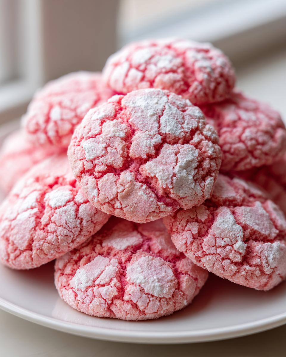 A close-up stack of bright pink strawberry cake mix cookies dusted heavily with white powdered sugar.