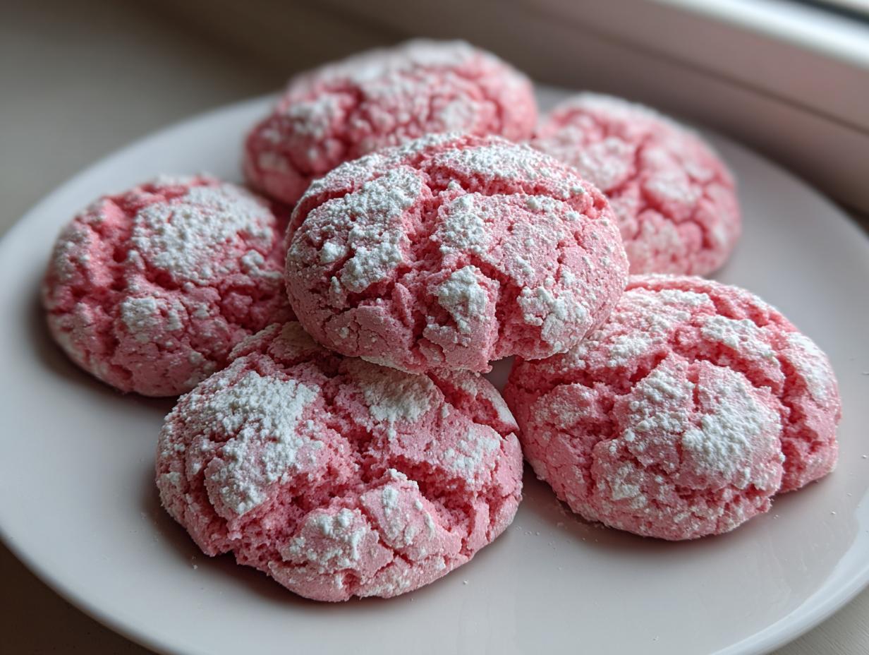 Close-up of five bright pink strawberry cake mix cookies dusted heavily with white powdered sugar on a light plate.