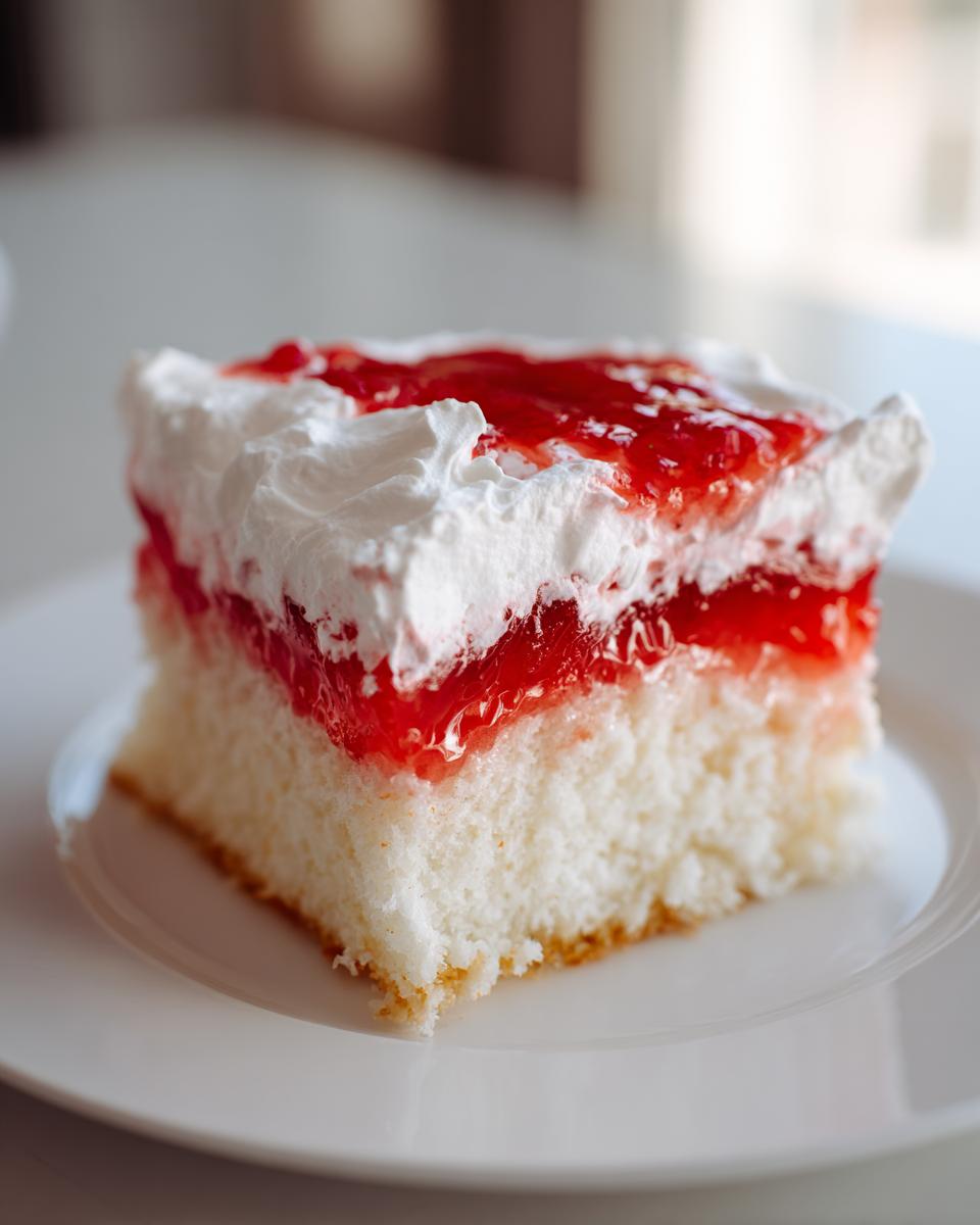 A close-up of a moist slice of jello poke cake featuring white cake, bright red jello, and a thick layer of whipped topping.