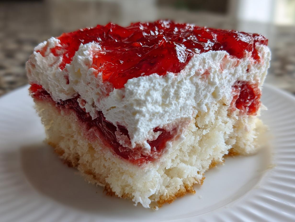 Close-up of a moist slice of jello poke cake featuring white cake, red strawberry jello filling, and thick whipped cream topping.