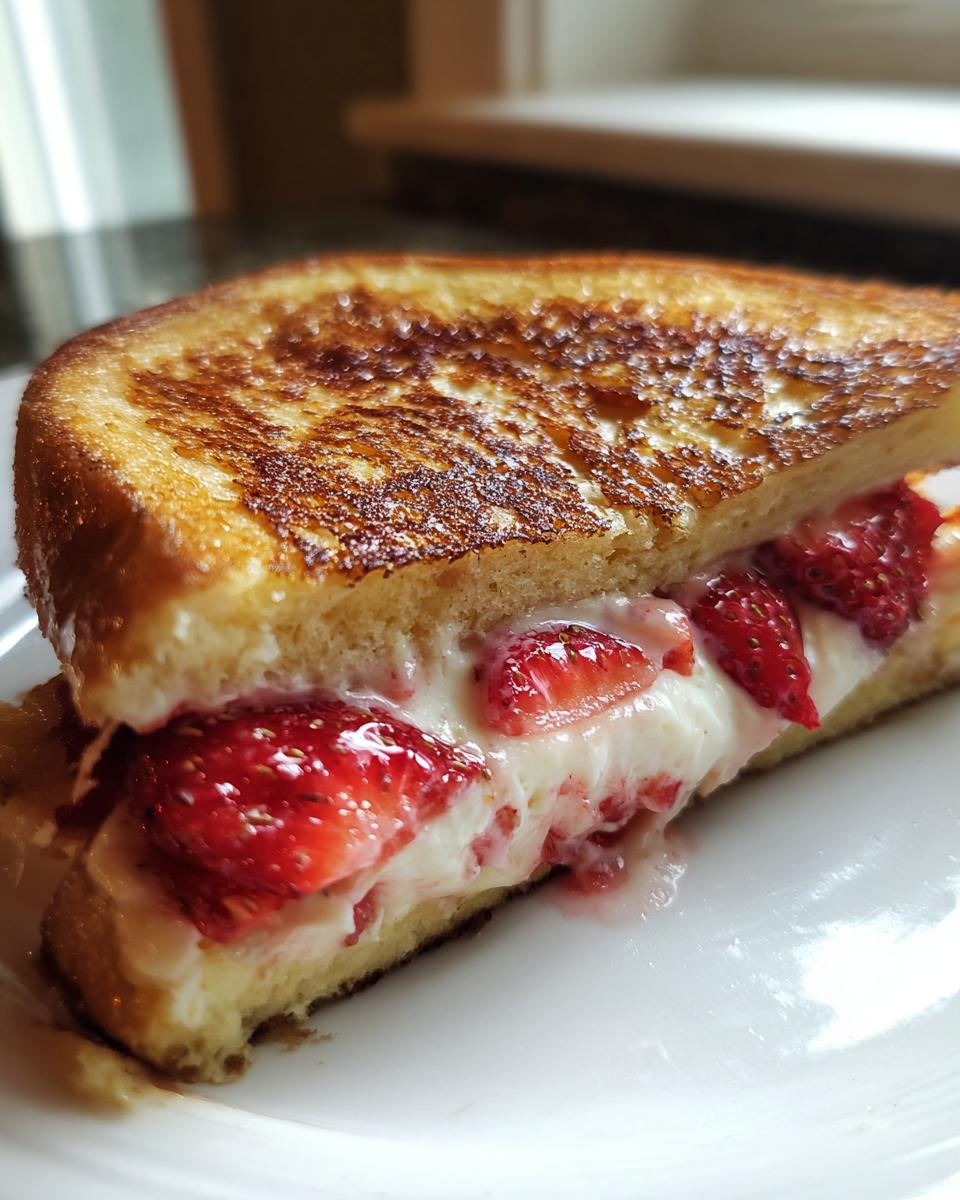 A close-up of a golden-brown stuffed french toast slice filled with creamy cheese and fresh strawberries.