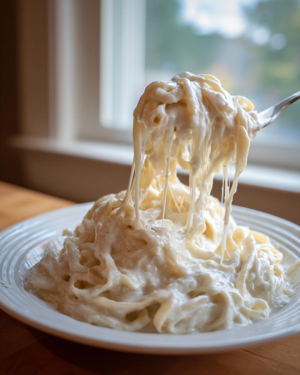 A fork lifts fettuccine noodles coated in thick, creamy olive garden alfredo sauce, showing long cheese pulls.