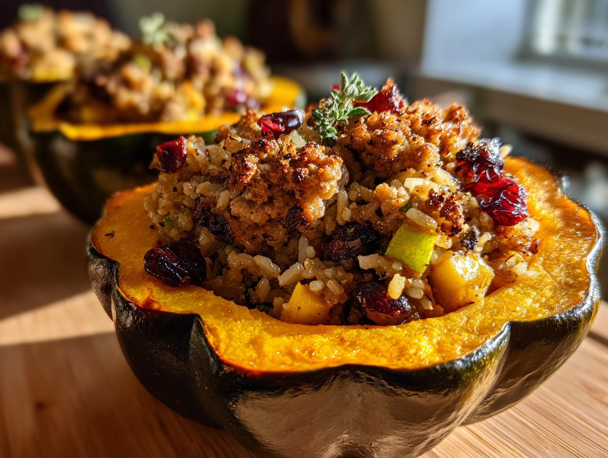 Close-up of a savory stuffed acorn squash half filled with rice, dried cranberries, and topped with herbs.