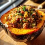 Close-up of a baked stuffed acorn squash half filled with rice, sausage, cranberries, and herbs.