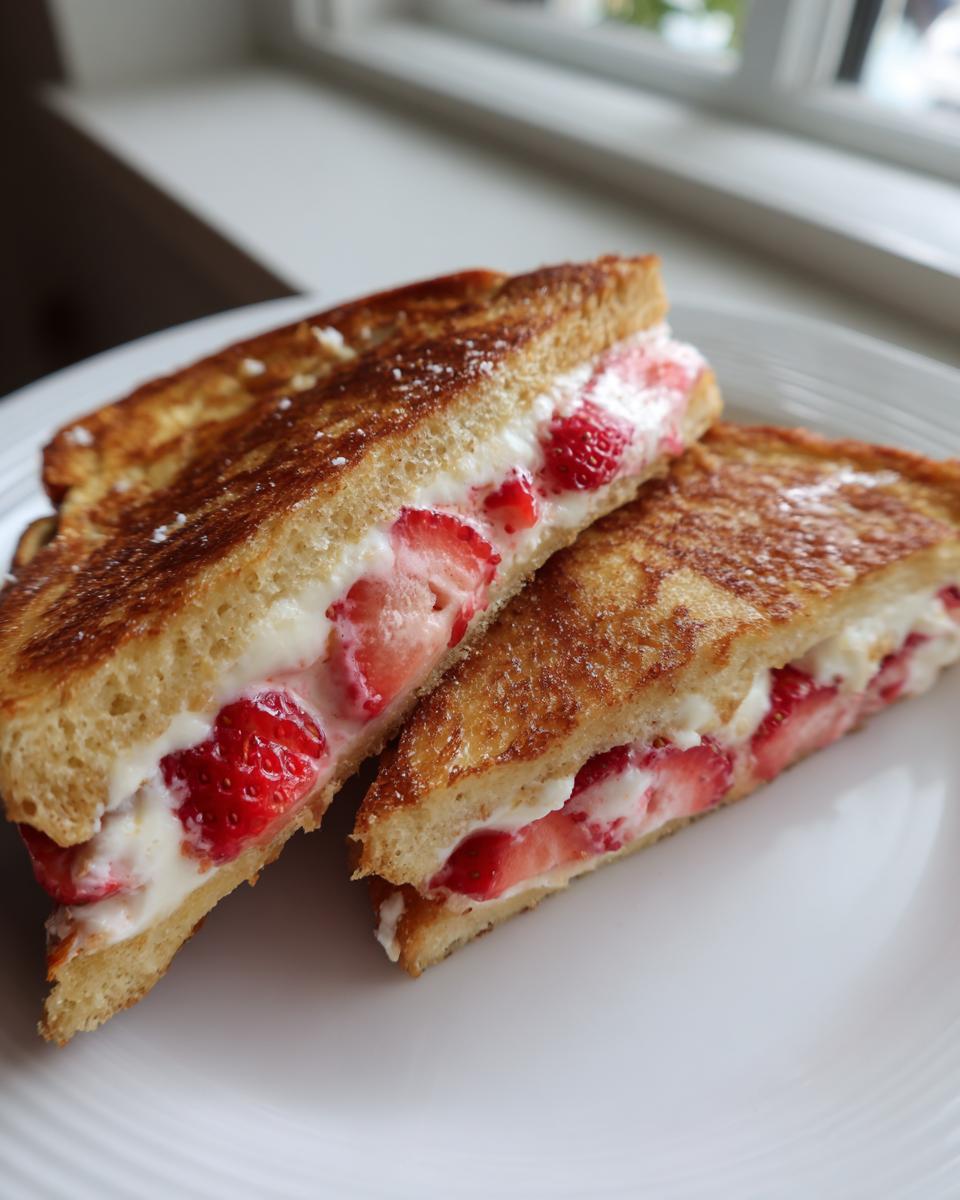Two halves of golden brown stuffed french toast filled with cream cheese and fresh strawberries.