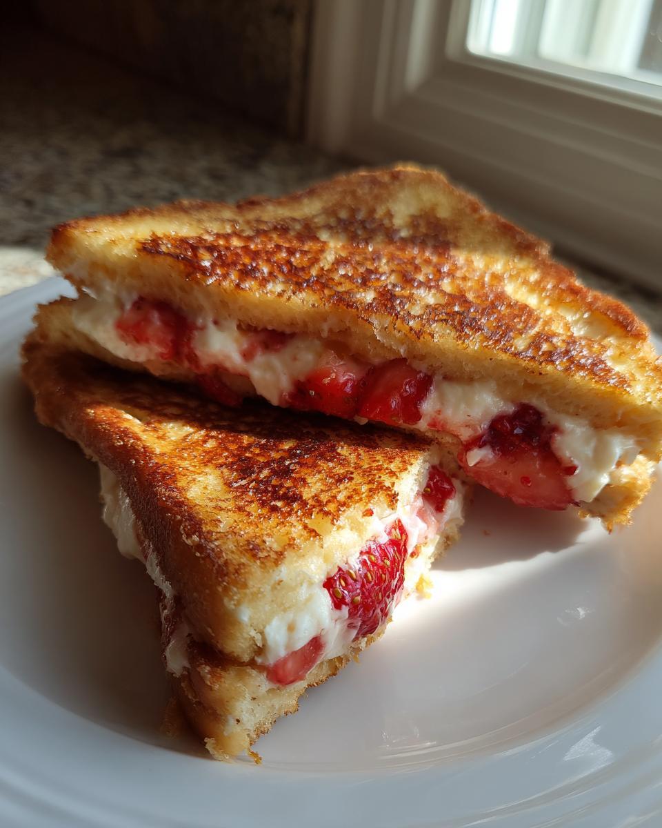 Two halves of golden brown stuffed french toast filled with creamy white filling and bright red strawberries.