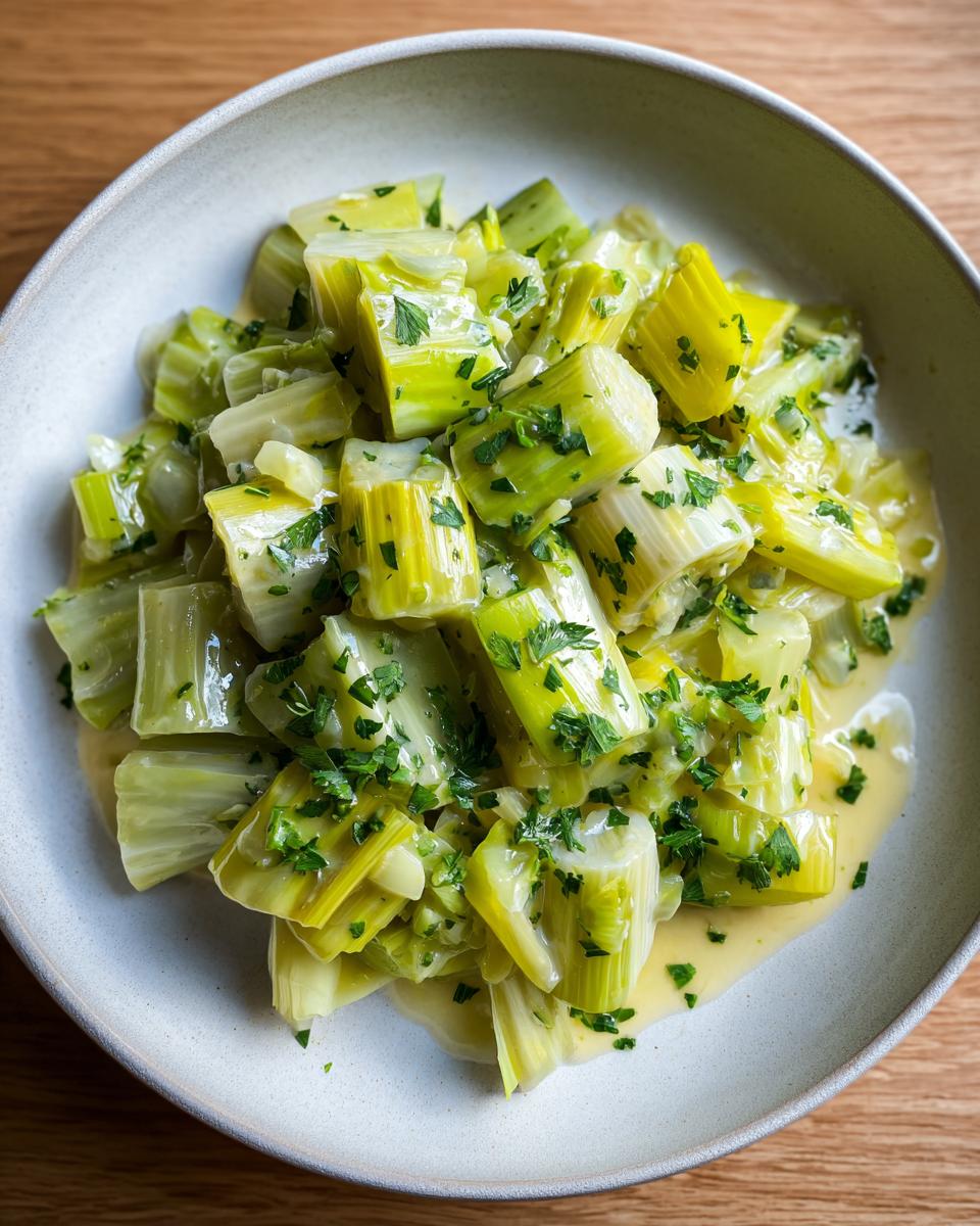 Close-up of tender, chopped braised leeks served in a light sauce and garnished with fresh parsley.
