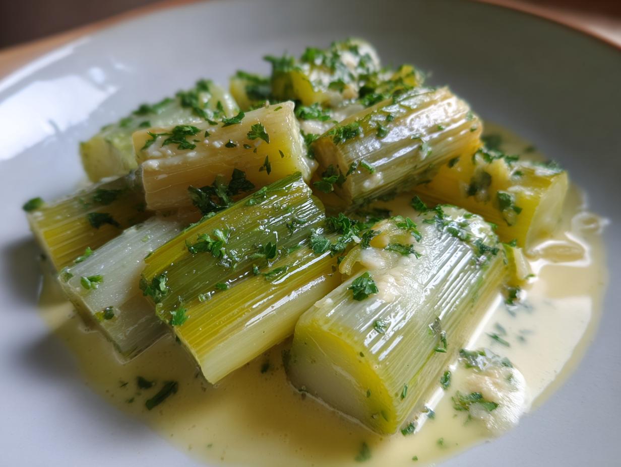 Close-up of tender braised leeks served in a creamy, buttery sauce and topped with fresh chopped parsley.