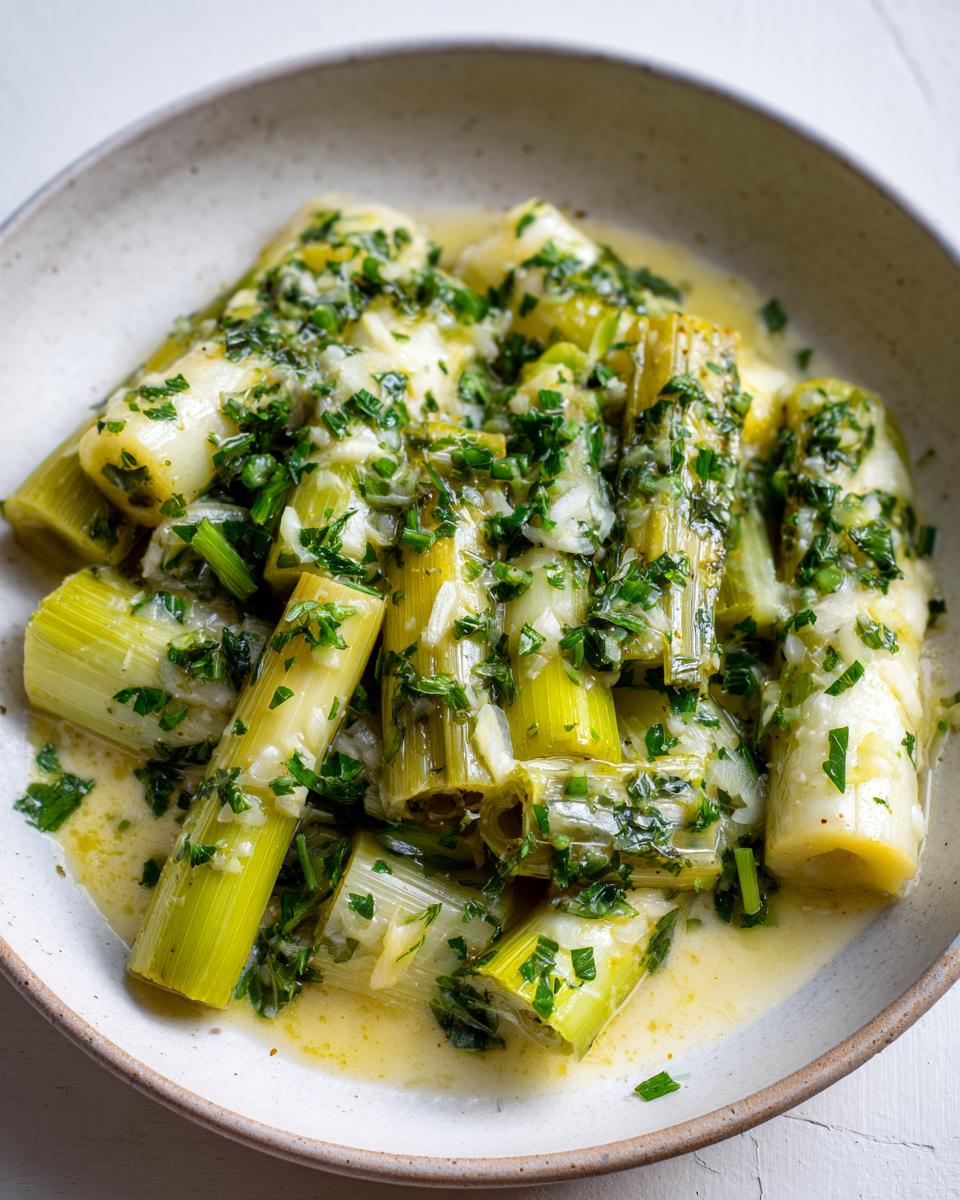 Close-up of tender braised leeks served in a light sauce and topped generously with chopped fresh parsley and garlic.