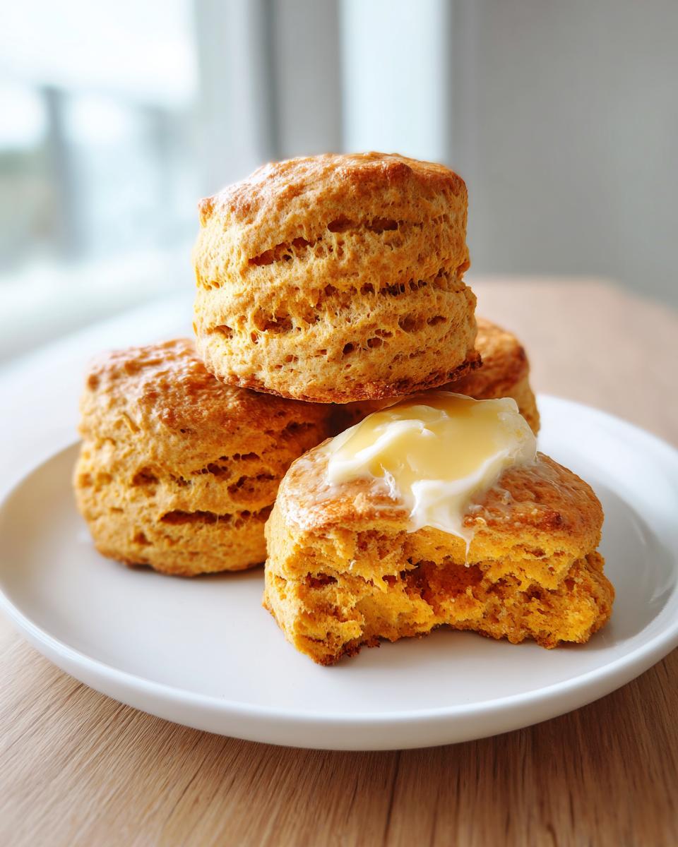 A stack of golden brown sweet potato biscuits, one broken open with melting butter on top.