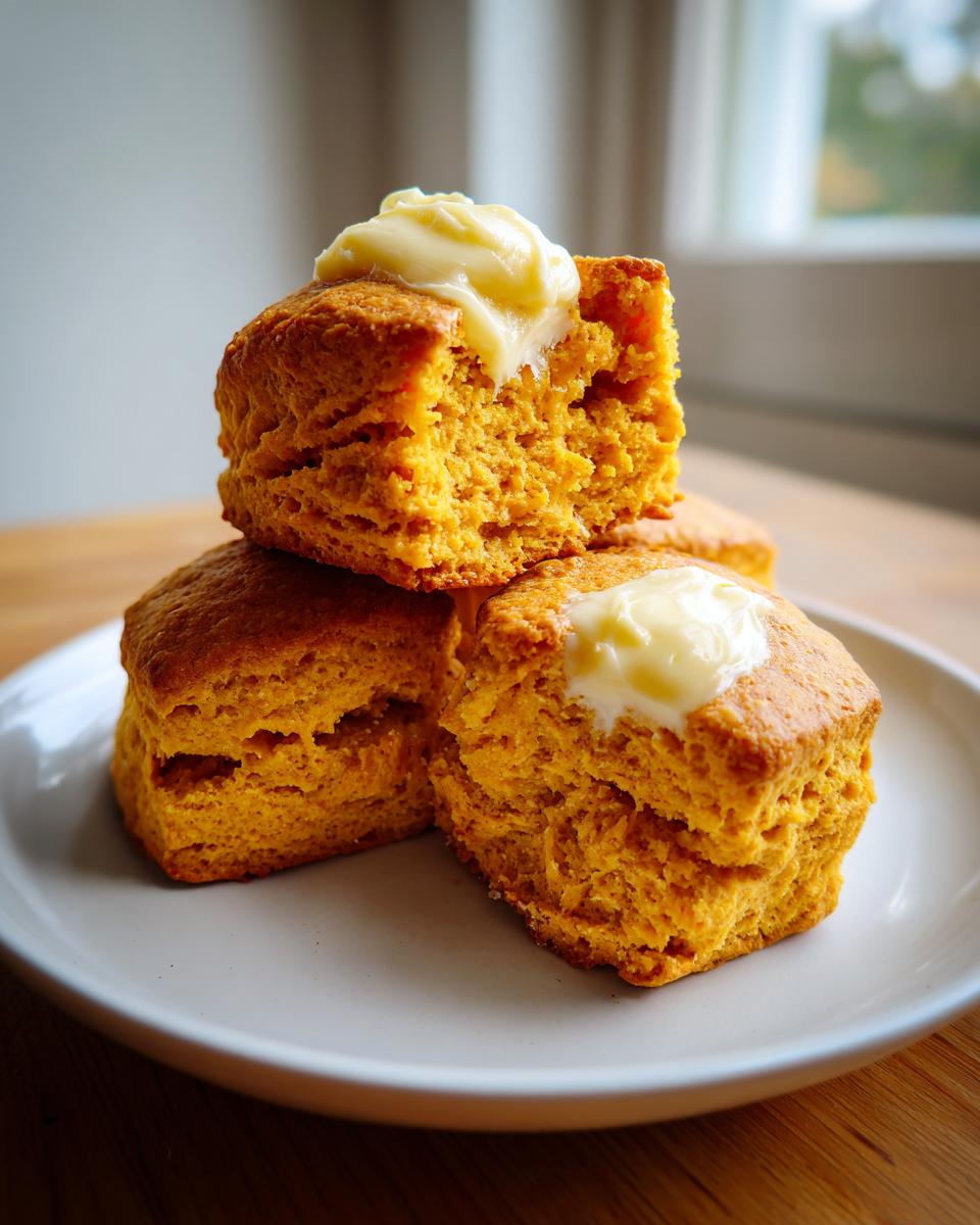 A stack of three golden orange sweet potato biscuits served on a white plate, topped with melting butter.