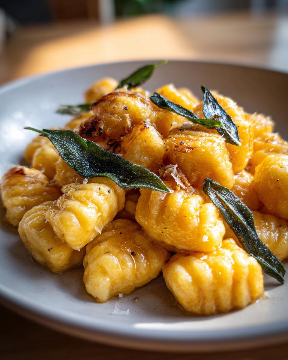 Close-up of golden brown sweet potato gnocchi tossed in butter sauce and topped with crispy sage leaves.