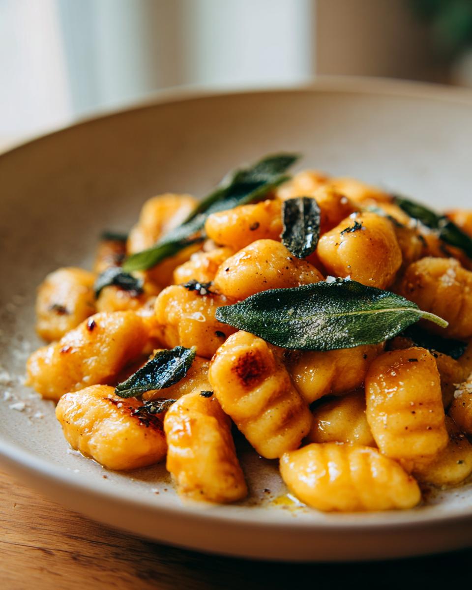 Close-up of golden sweet potato gnocchi tossed in sauce and topped with crispy sage leaves.