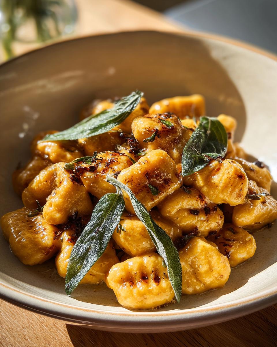 A close-up shot of golden sweet potato gnocchi tossed in brown butter and topped with fresh sage leaves.