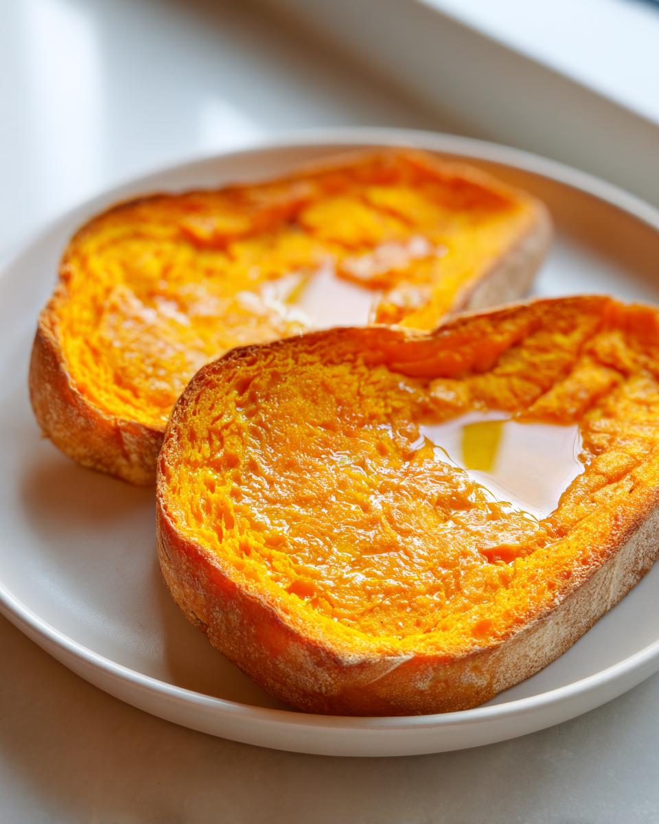 Close-up of two bright orange slices of sweet potato toast topped with a pool of golden honey.