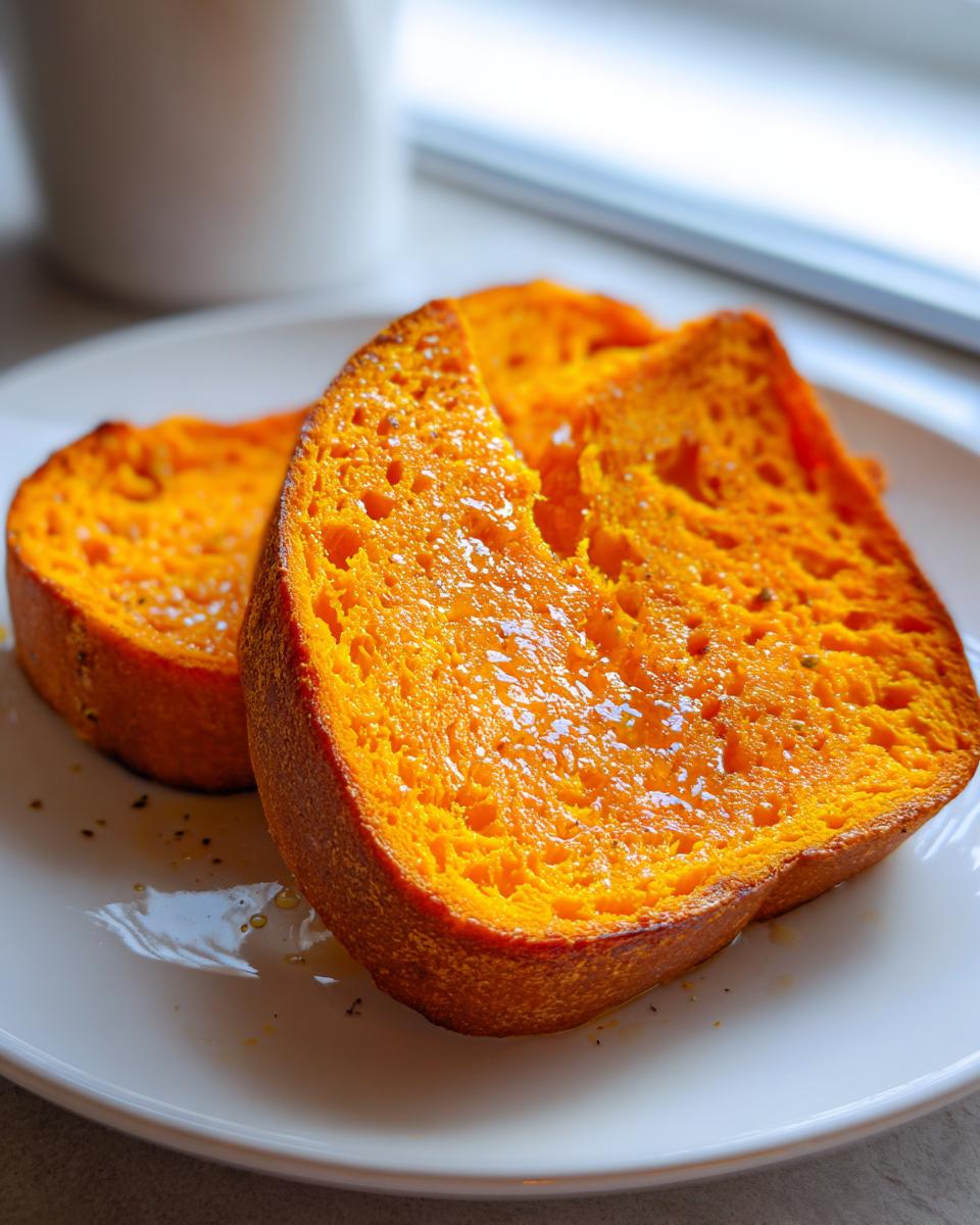 Close-up of two thick slices of bright orange sweet potato toast glistening with topping on a white plate.