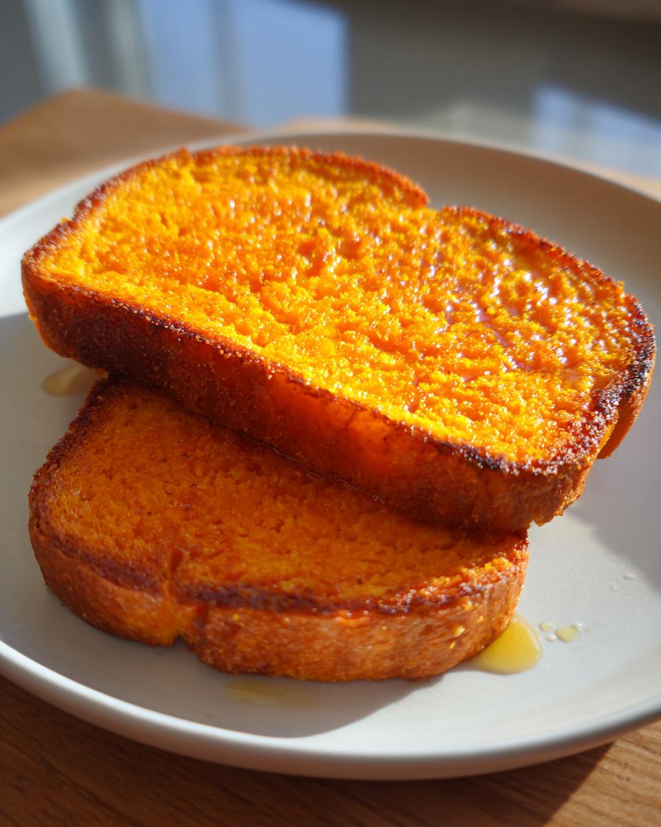Two slices of bright orange sweet potato toast stacked on a plate, lightly drizzled with syrup.