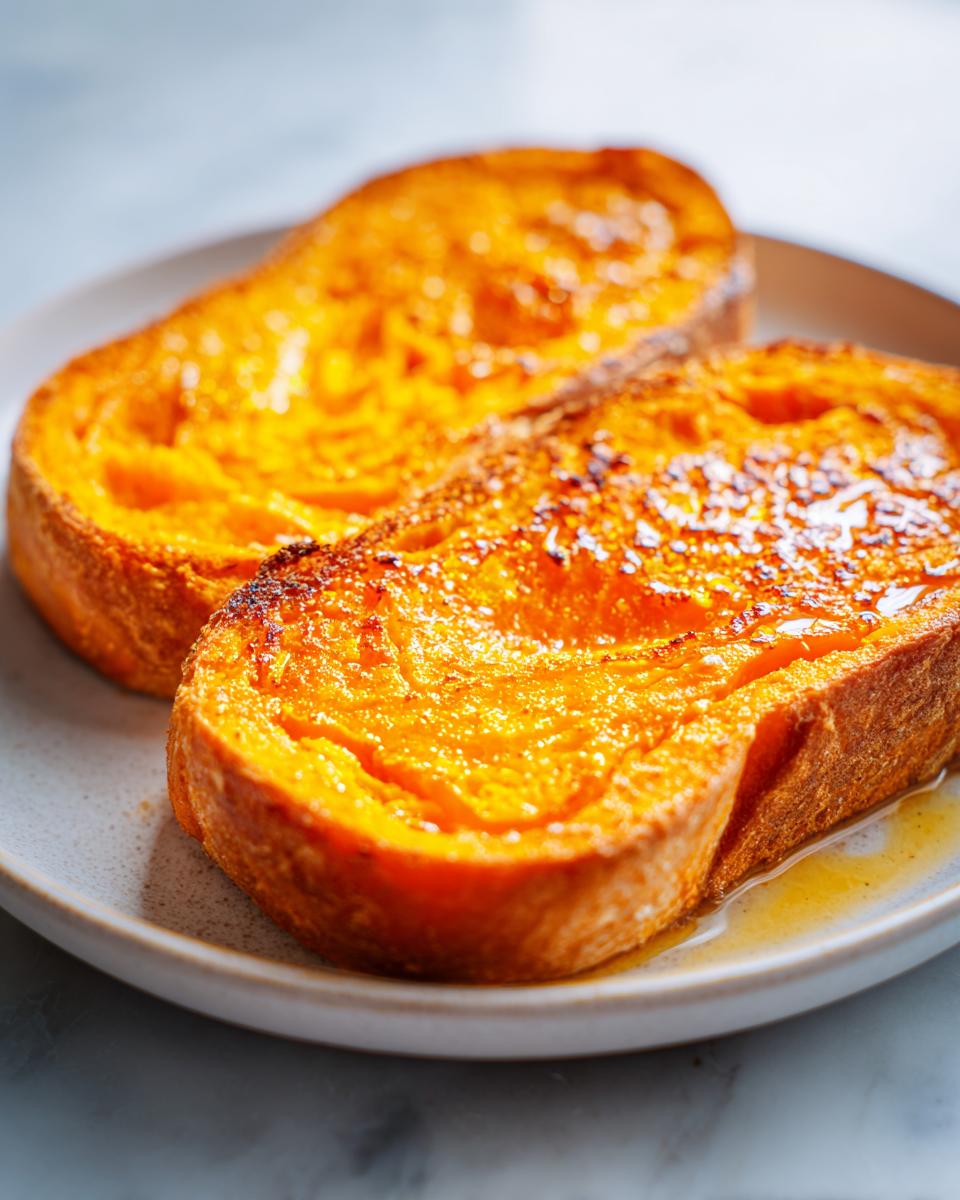 Close-up of two thick slices of bright orange sweet potato toast drizzled with syrup on a light plate.
