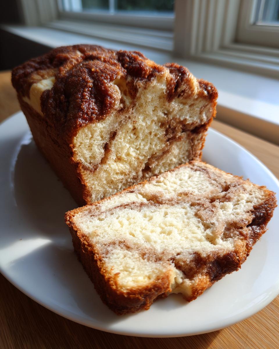 A loaf of homemade cinnamon bread, partially sliced, showing rich cinnamon swirls inside.
