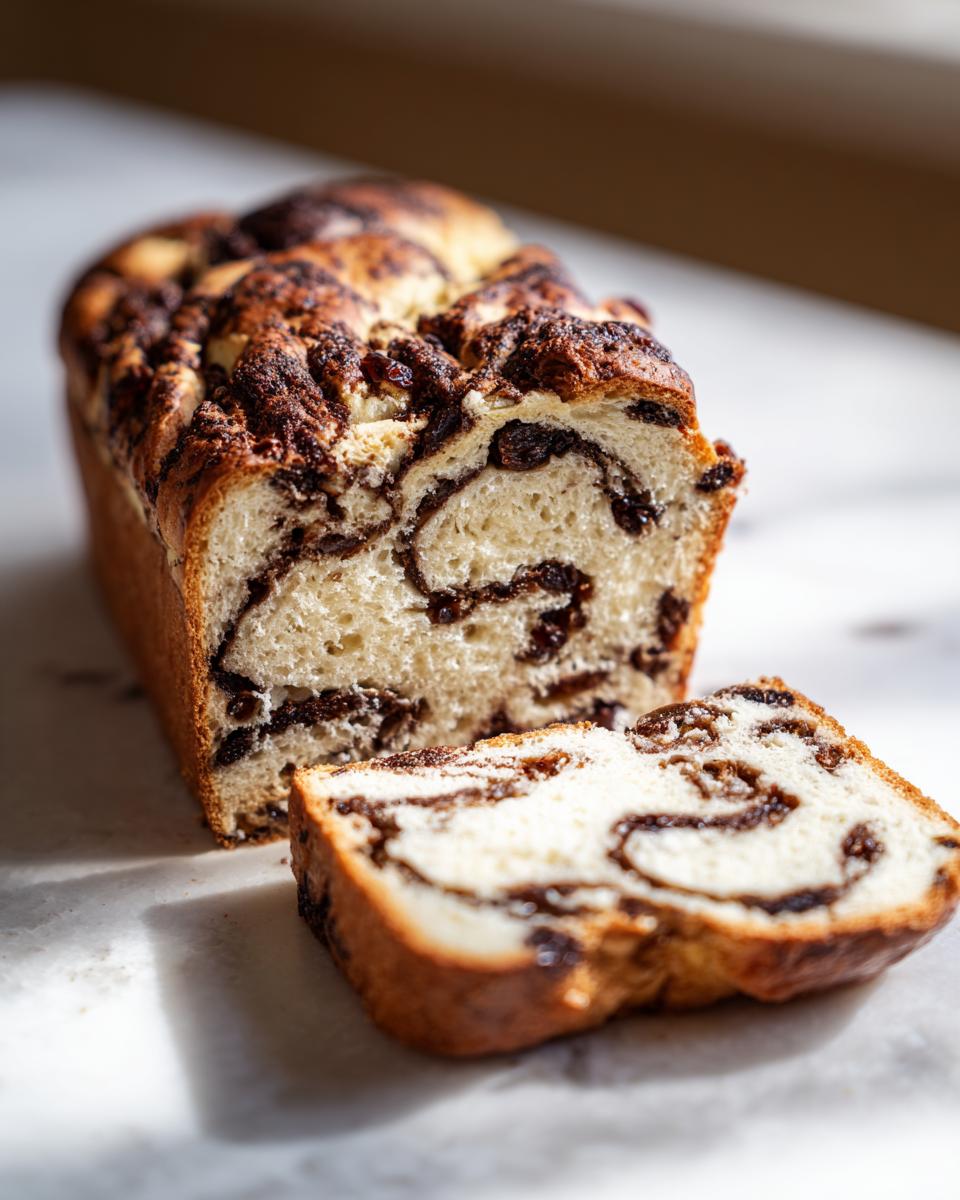 A loaf of homemade raisin bread, partially sliced, showing the beautiful dark cinnamon and raisin swirl inside.
