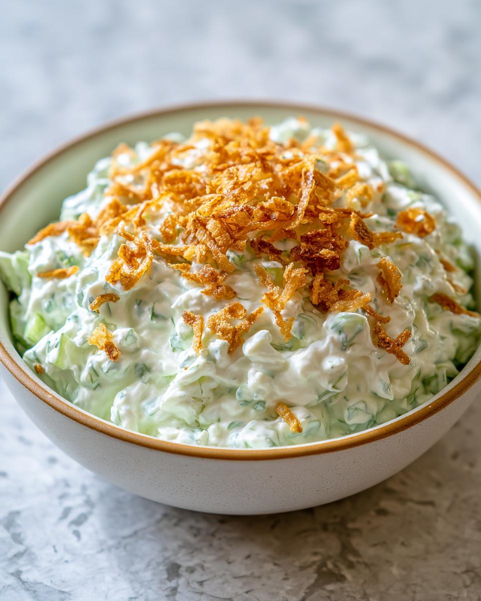 Close-up of a creamy, light green pickle dip topped generously with crispy fried onions in a beige bowl.