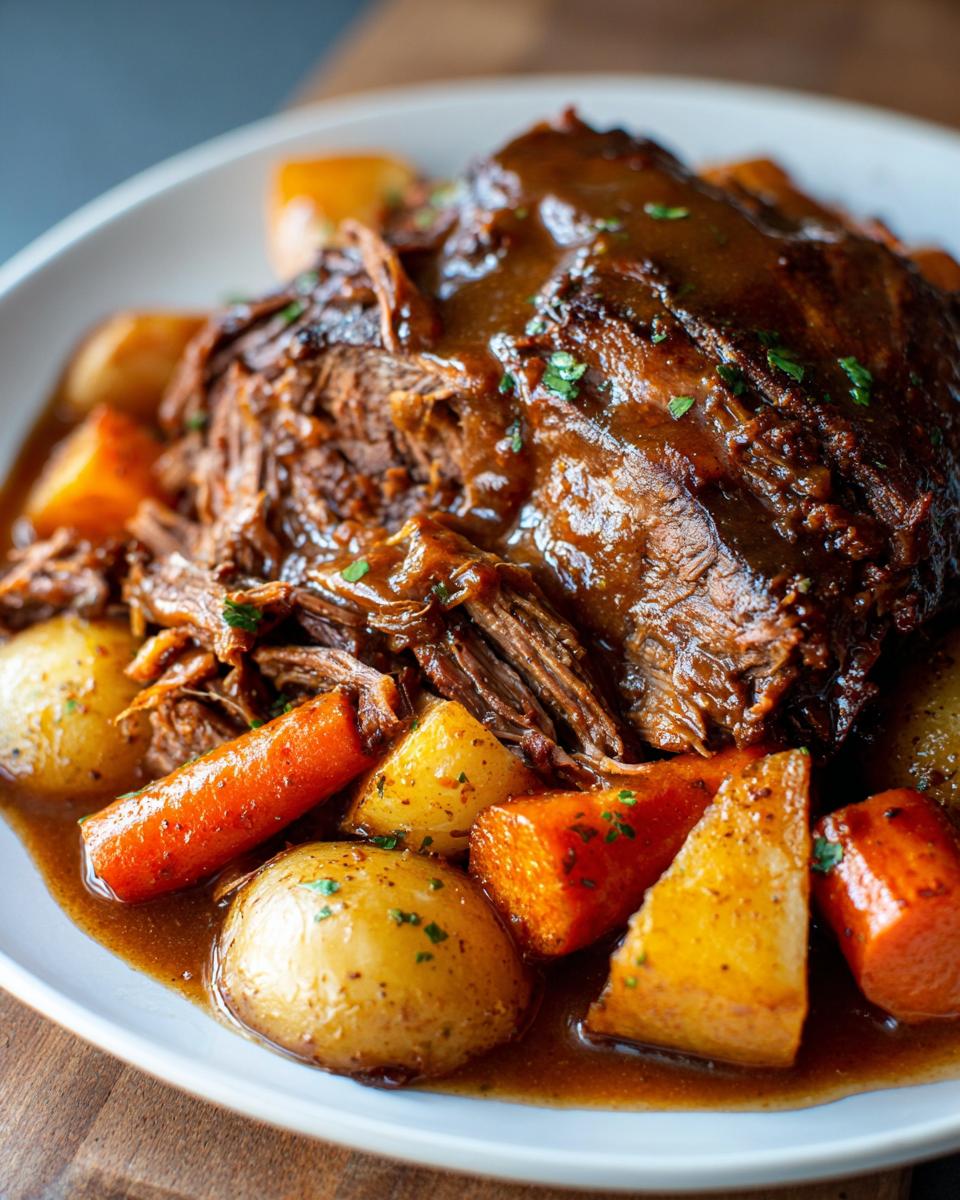 Close-up of a fork-tender pot roast smothered in rich brown gravy, served with carrots and potatoes.