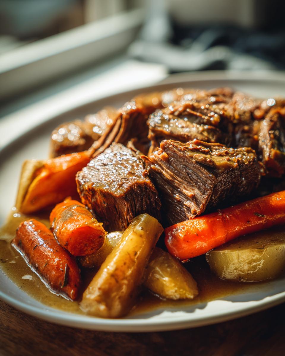 Close-up of tender pot roast beef chunks served with soft carrots and potatoes in rich gravy.