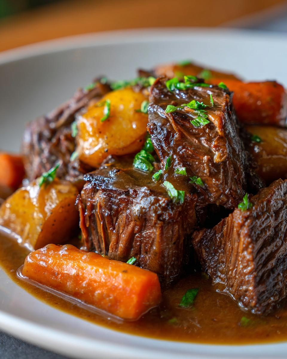 Close-up of tender, shredded pot roast beef chunks served in rich gravy with carrots and potatoes, garnished with parsley.