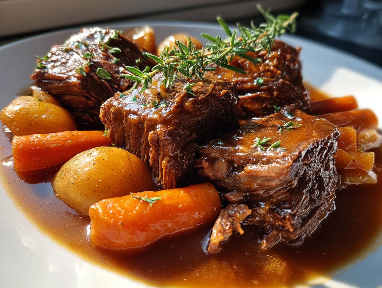 Close-up of fork-tender pot roast beef chunks served with whole small potatoes and carrots in rich brown gravy.