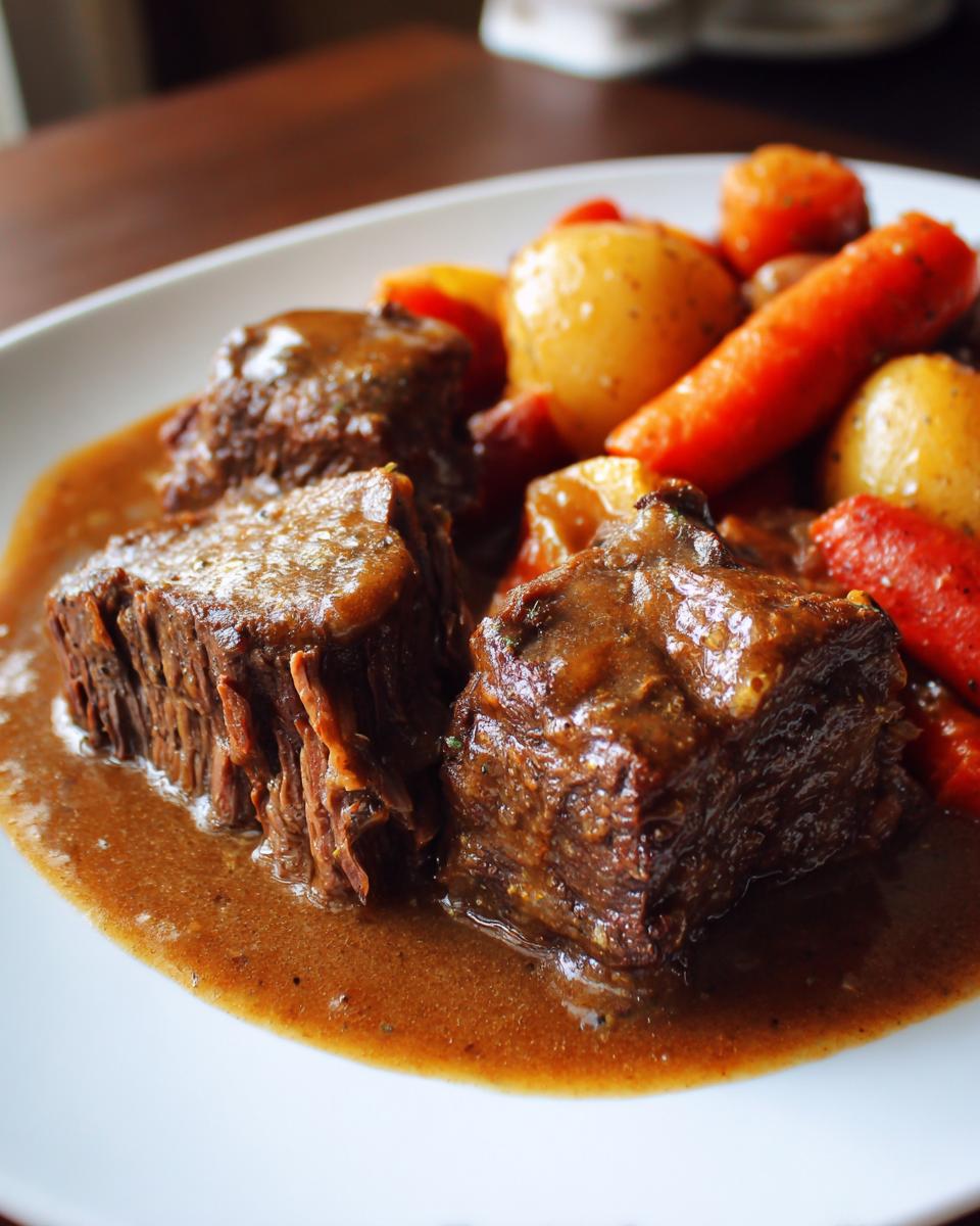 Close-up of three tender chunks of pot roast covered in rich brown gravy, served with carrots and potatoes.