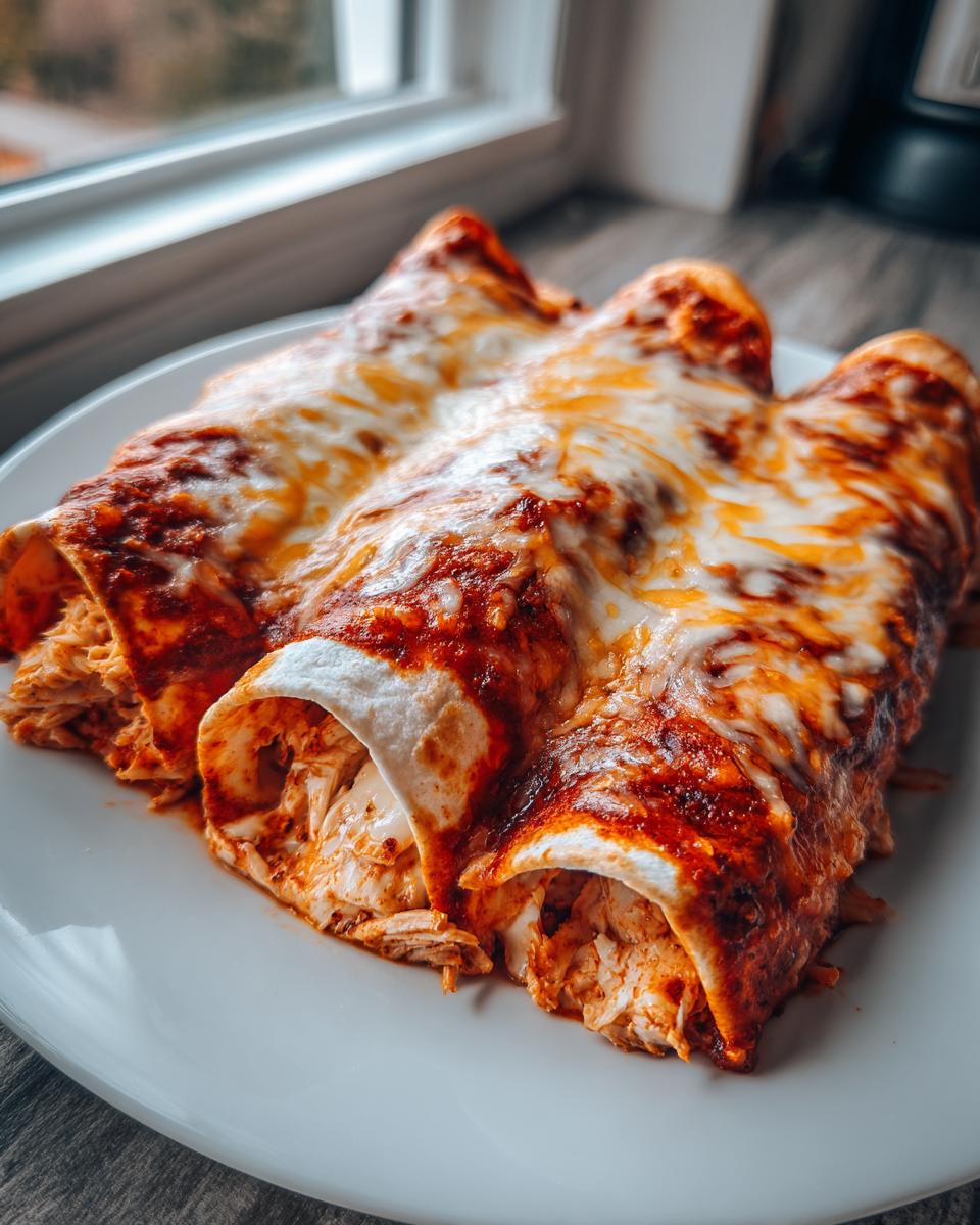 Close-up of three rolled easy chicken enchiladas smothered in red sauce and melted cheese, served on a white plate.