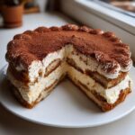A slice removed from a layered tiramisu cheesecake dusted heavily with cocoa powder.