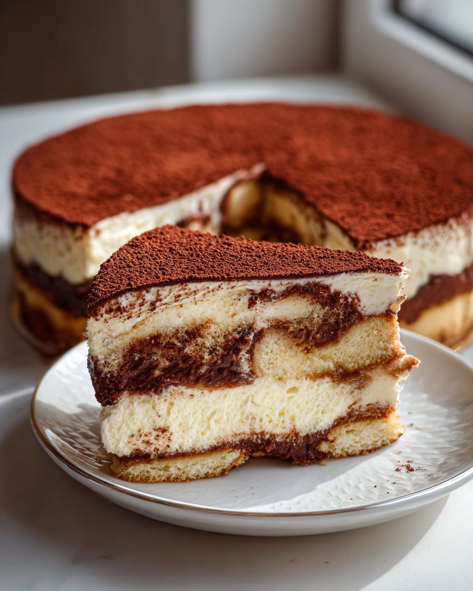 A perfect slice of layered tiramisu cheesecake dusted heavily with cocoa powder on a white plate.