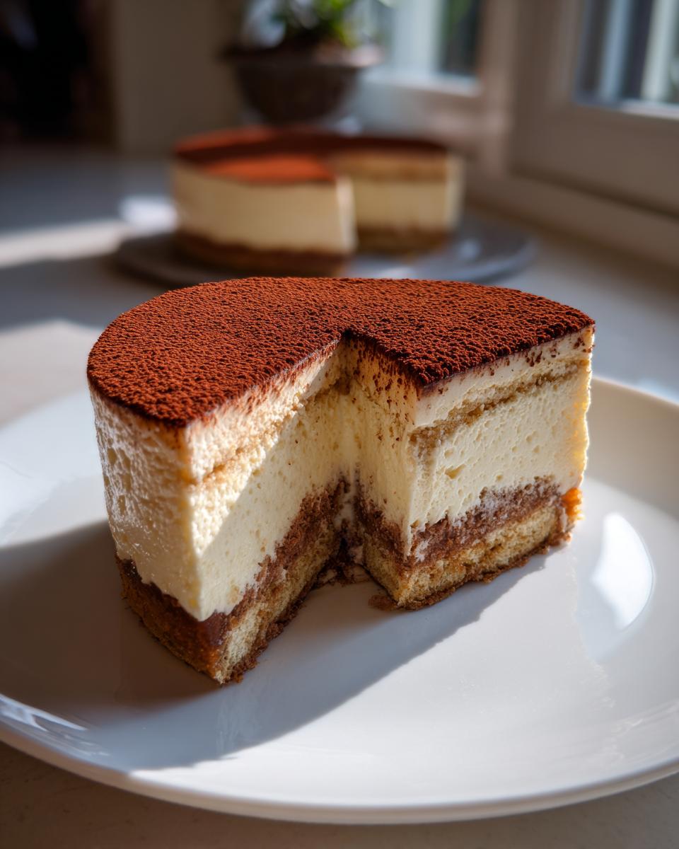 A slice of creamy tiramisu cheesecake dusted heavily with cocoa powder, served on a white plate.