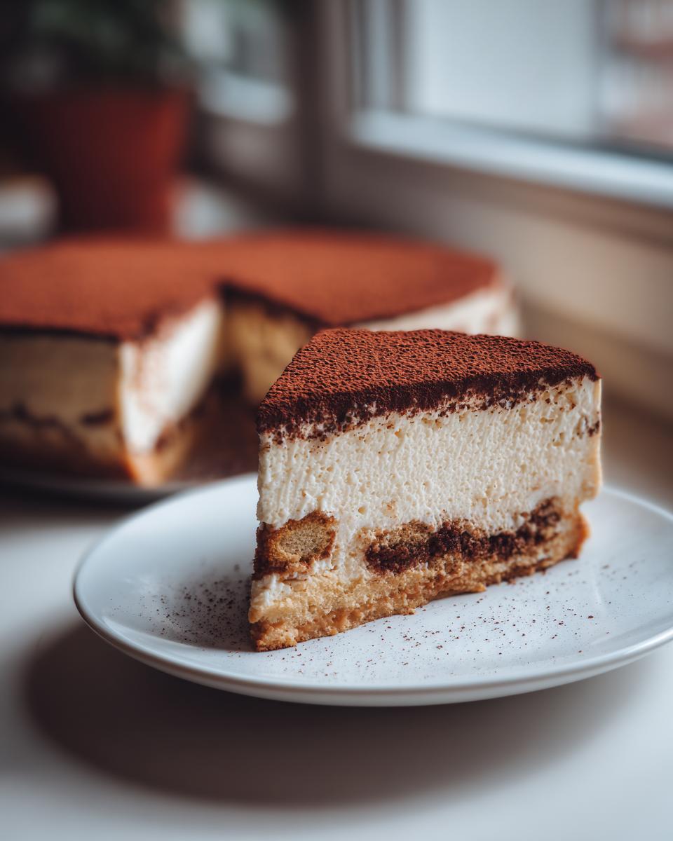 A close-up of a slice of tiramisu cheesecake dusted with cocoa powder, showing layers of cream and soaked ladyfingers.