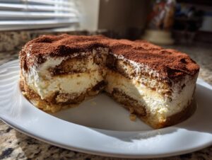 A cross-section view of a decadent tiramisu cheesecake dusted heavily with cocoa powder, sitting on a white plate.