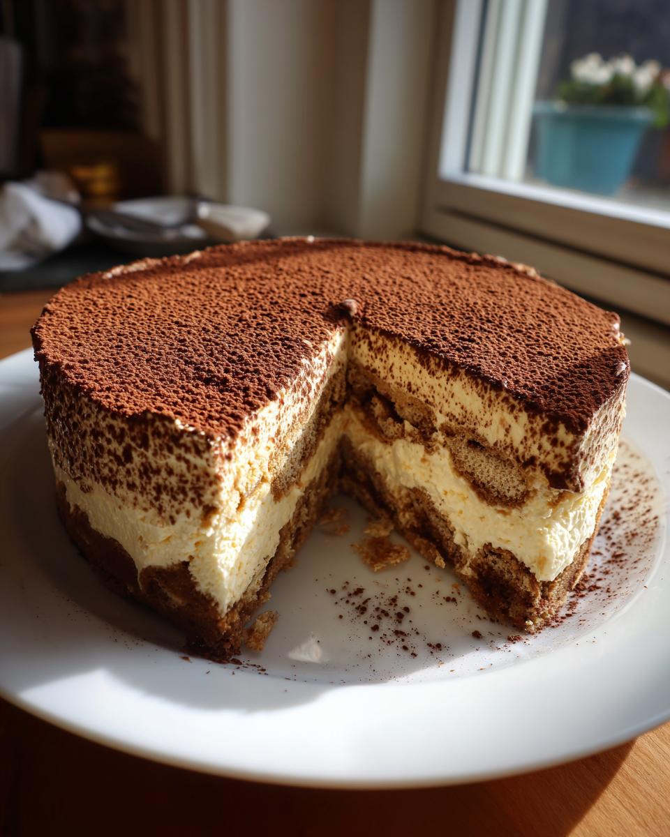 A decadent tiramisu cheesecake dusted heavily with cocoa powder, with one slice removed, revealing layers of cream and soaked ladyfingers.