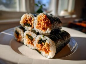 Four cross-sections of homemade tuna kimbap stacked on a white plate, showing rice, nori, and spicy tuna filling.