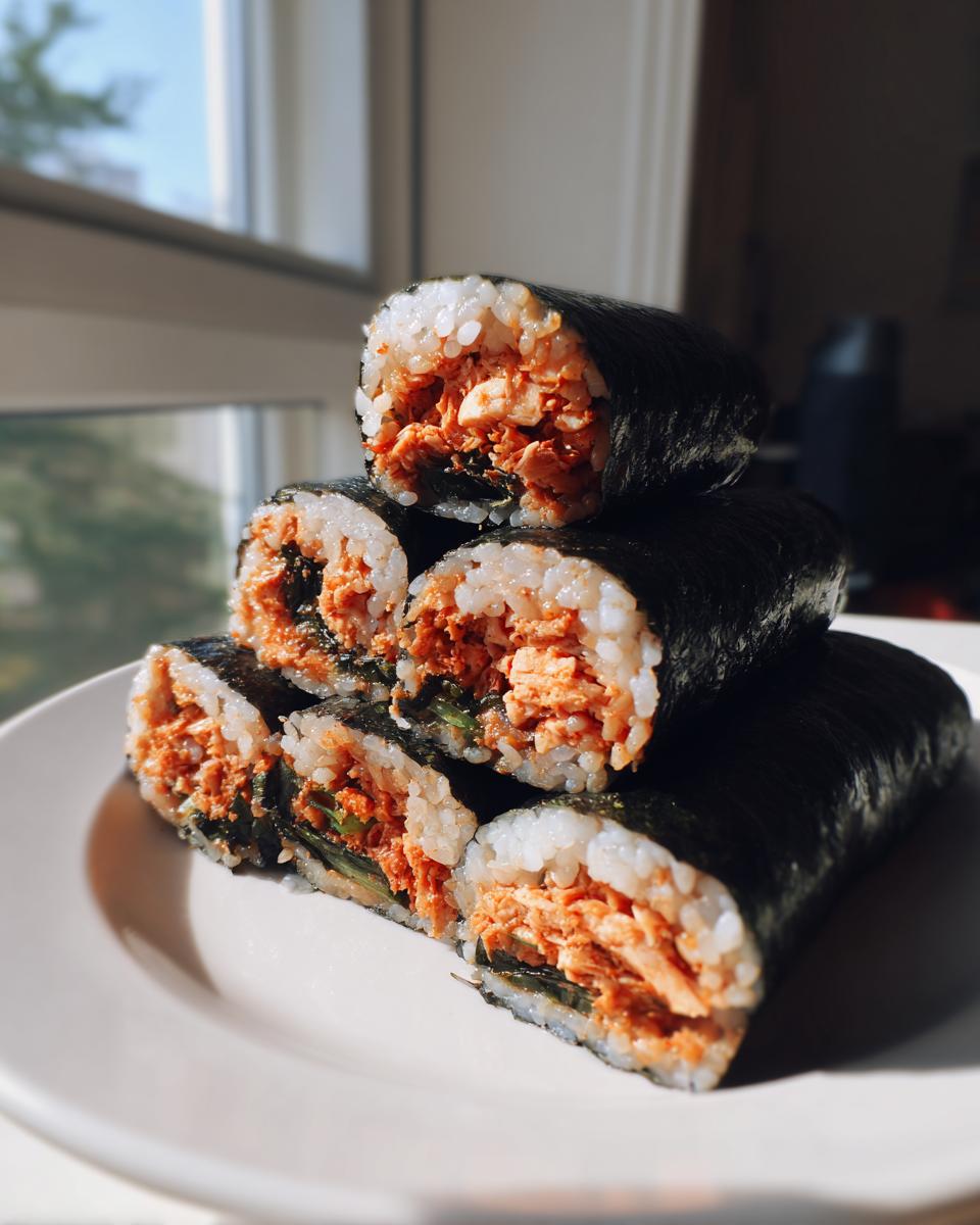 A stack of five cross-section pieces of homemade tuna kimbap, showing the rice, nori, and spicy orange tuna filling.