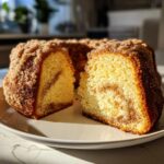Close-up of an ultra moist coffee cake with a thick cinnamon-sugar topping, sliced open to show the interior swirl.