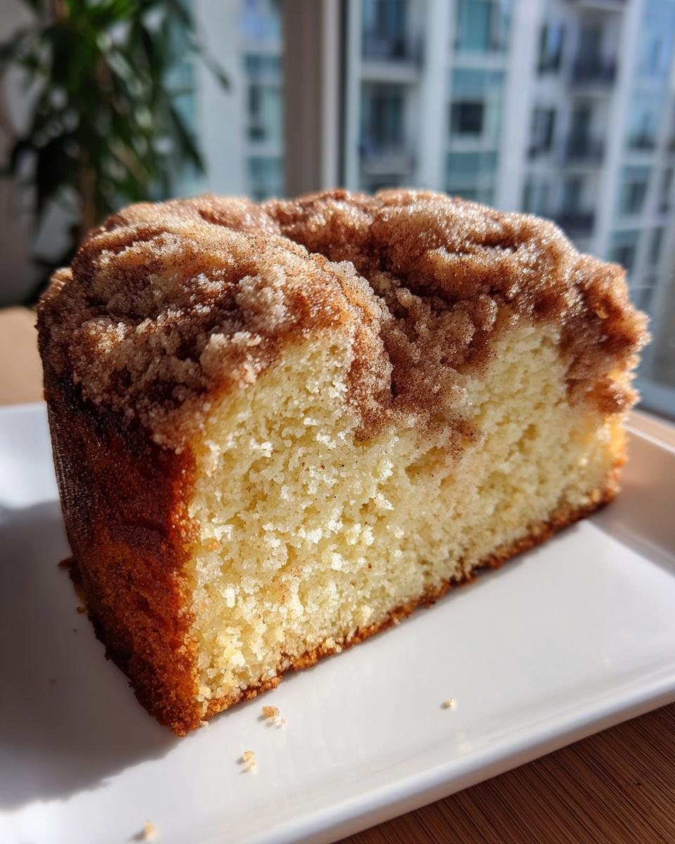 A close-up slice of ultra moist coffee cake featuring a thick, crumbly cinnamon streusel topping.