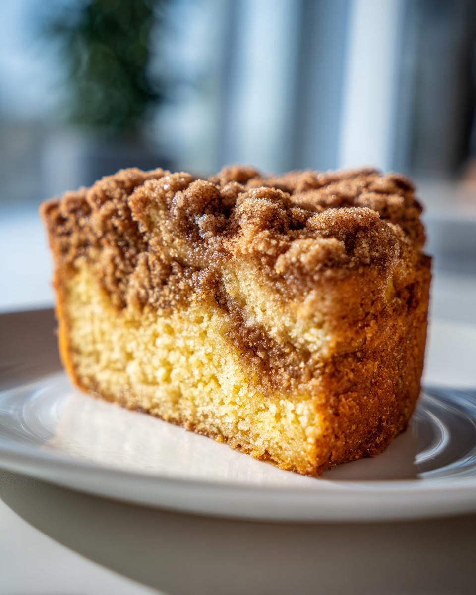 Close-up of a moist slice of coffee cake featuring a thick, sugary cinnamon crumb topping.