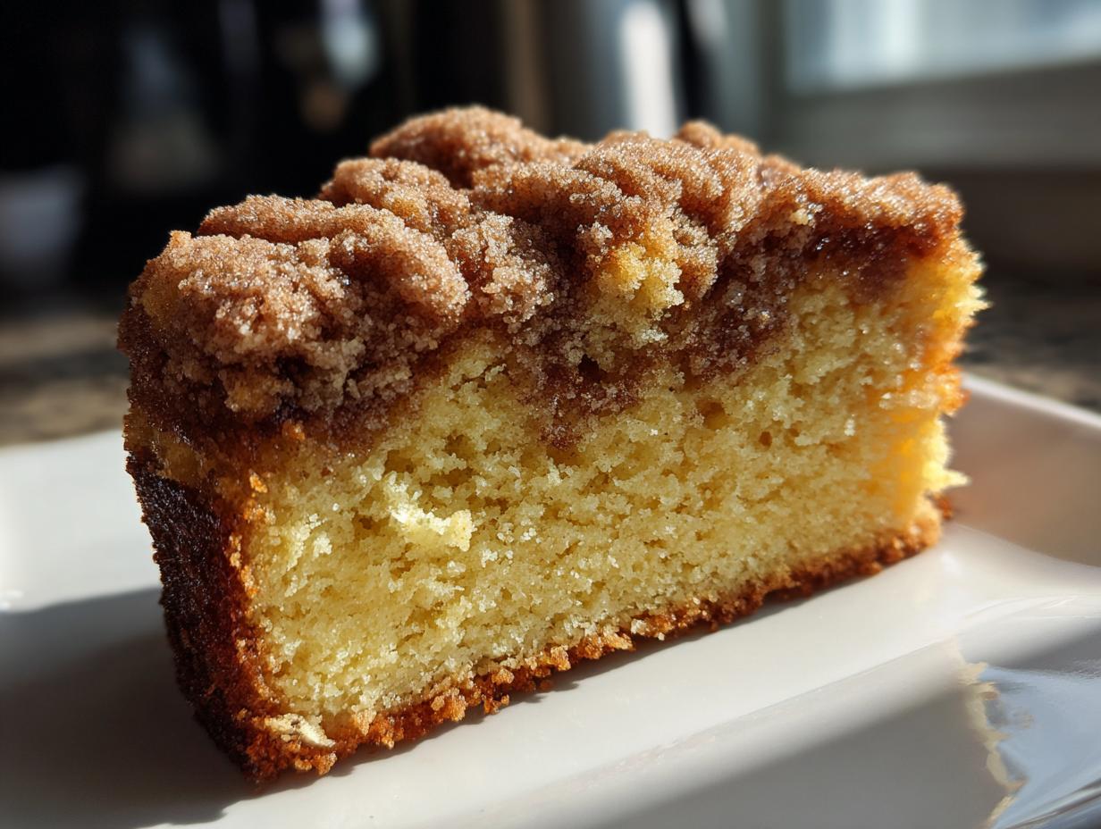 Close-up of a moist slice of coffee cake featuring a thick, sugary cinnamon crumb topping.