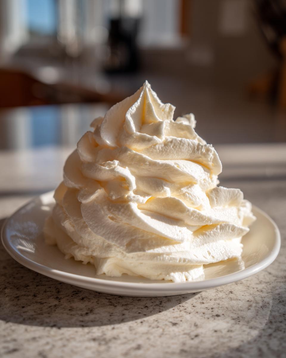 A tall, perfectly piped swirl of creamy white vanilla buttercream frosting sitting on a small white plate.