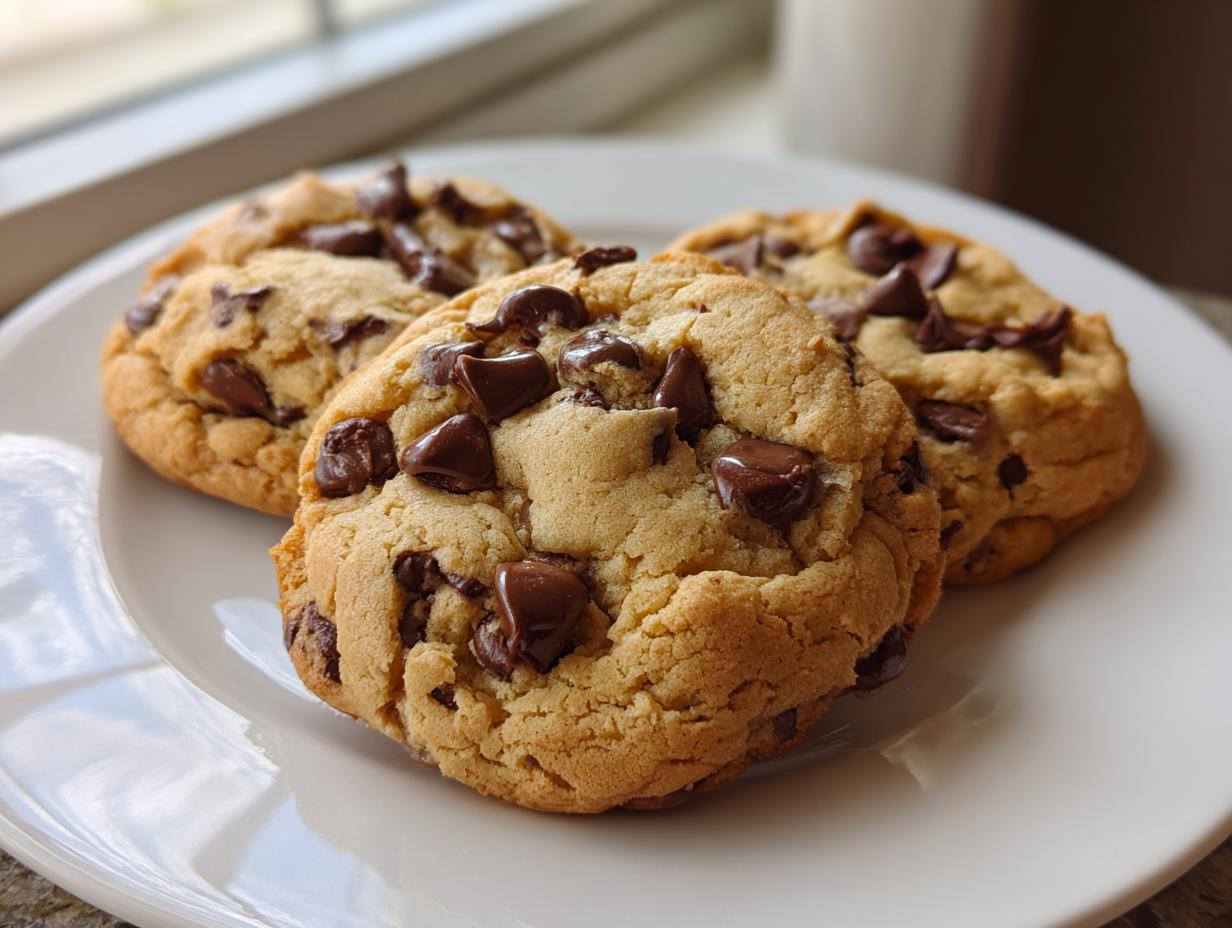 Close-up of three perfectly baked vegan chocolate chip cookies piled on a white plate near a bright window.
